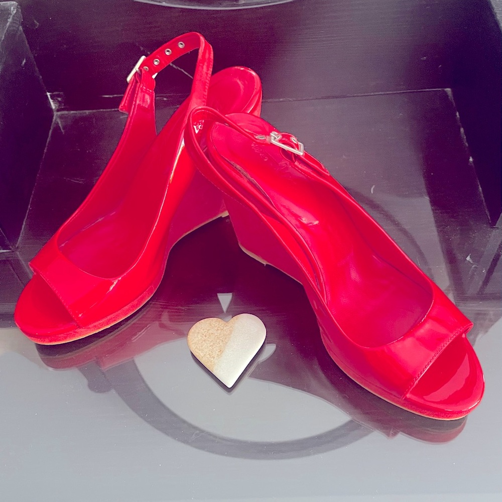 Boden patent red sling back wedge sandals 38